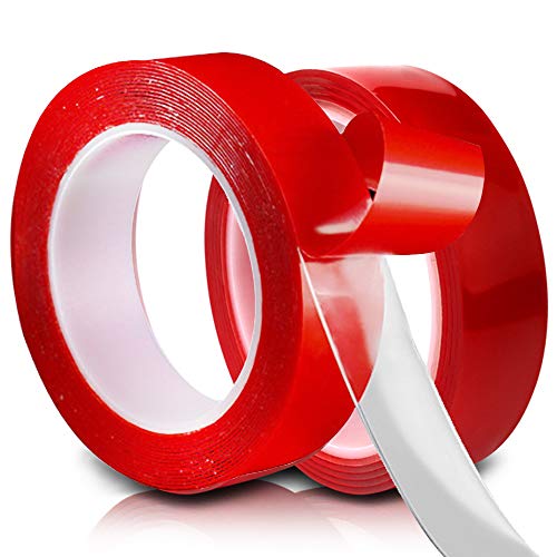 Averfeel Double Sided Tape for Walls [2 Pack-Total 19.7ft] Heavy Duty Nano Transparent Removable Mounting Tape for Home Office, Paste Photos Posters, Carpet Fixing (Red)