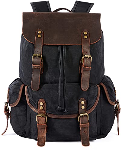 Image of Vintage Waxed Canvas Backpack with Genuine Leather Flap, Travel & Work Rucksack, Water-Resistant Daypack with Anti-Theft Pocket, Large /X-Large (15.6 /17.3 inch Laptop), M80 Black