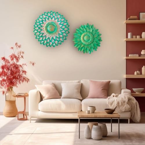 Image of SETHI AESTHETIC Metal Flower Wall Art Decor, Handmade 3D Layered Petal Design, Set of 2 (13x13 inch and 11x11 inch) (Olive Green)