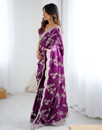 Image of SIRIL Women's Satin Embroidery And Scalloped Border Saree With Unstitched Blouse Piece