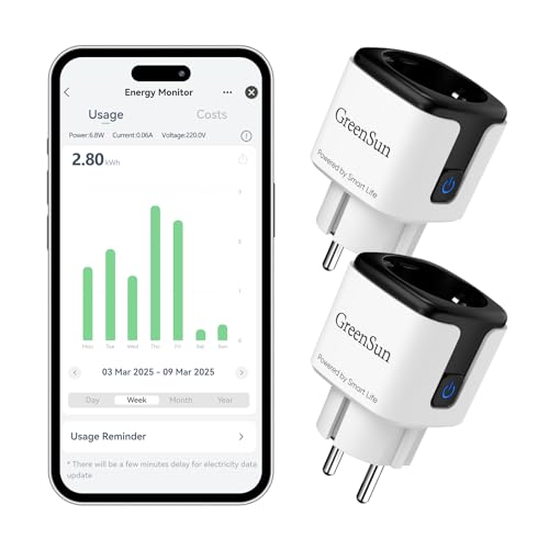 GreenSun Enchufe Inteligente WiFi - Smart Life Monitor de Energía Compatible con Alexa Consumo Tomada Inteligente Programable con Temporizador Control Remoto por APP&Voz 16A Negro 2pc