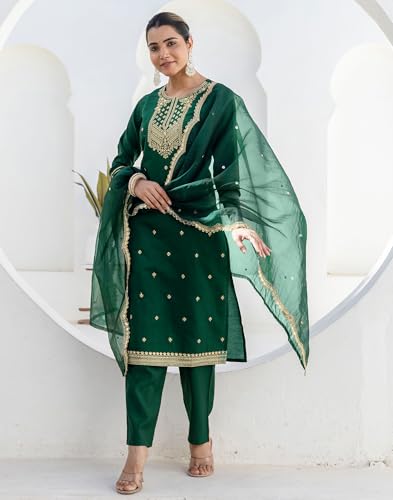 Image of SIRIL Women's Rayon Viscose Sequence Embroidery Work Straight Kurta Pant with Dupatta Set