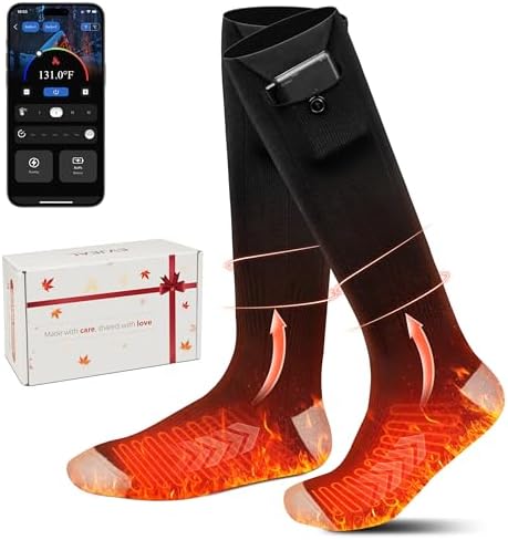 Heated Socks with App Control, Rechargeable Electric Socks with 2×6000mAh Batteries, Fast Heating & Constant Temperature, Winter Hiking Gear for Men & Women, Ideal for Hunting & Gifts