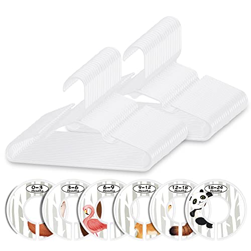 Image of Minnebaby Plastic Baby Hangers 60 Pack, Ultra Thin No Slip Infant Nursery Clothes Hangers with 6 Pcs Cute Clothing Dividers for Boys & Girls Closet Organizer, White Kids Hangers