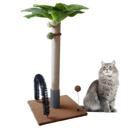 MUYG 29.5 Inches Tall Cat Scratching Post with Arch Self Groomer Hanging Spring Balls,Brown Palm Sisal Cat Tree Kitty Activity Center for Adults Cats Kitten Indoor Cats