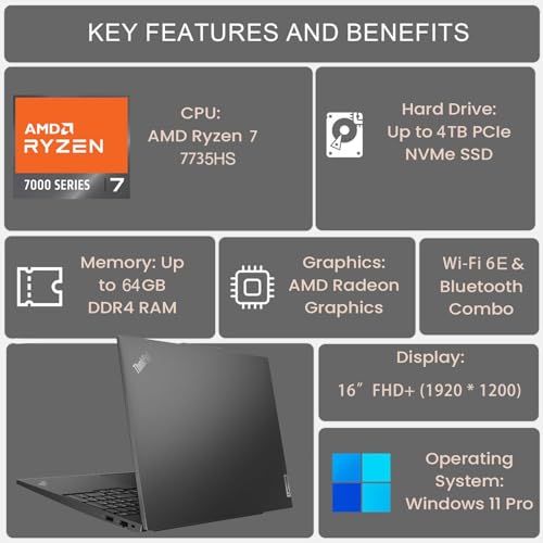 Lenovo Laptop ThinkPad E16 G2 Business, 16 polegadas FHD+, AMD 8-Core Ryzen 7 7735HS (Beat i7-1360P), 32GB DDR5, SSD PCIe de 1TB, WiFi 6E, leitor de impressão digital, teclado