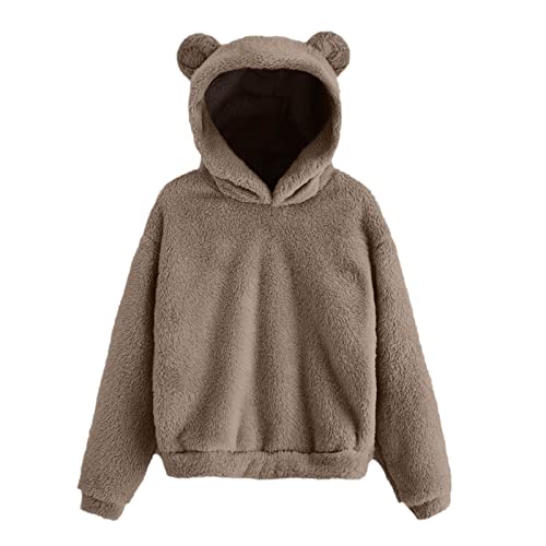 Generisch Sudadera con capucha de felpa para mujer, forro polar, con orejas de oso, capucha, para invierno, cálida, térmica, manga larga, para niños, monocolor, manga larga, caqui, M