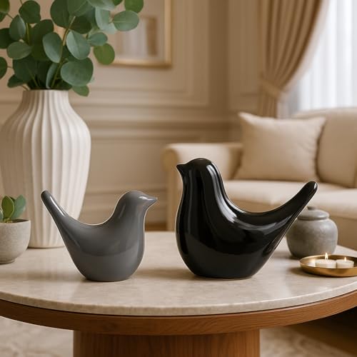 Image of LIFEHAXTORE Creative Black and Grey Glossy Ceramic Birds Figurines Home Decorations Accessories Party (Pack of 2)