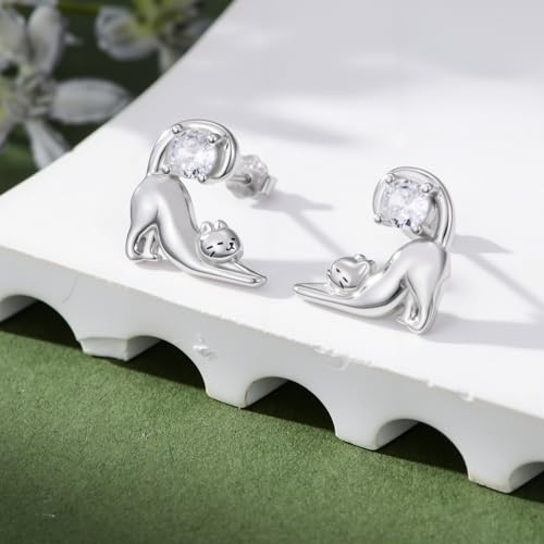 Boucles d'oreilles chat en argent 925 véritable et zircon brillant - 2