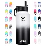 Vmini Water Bottle with New Wide Handle Straw Lid, Wide Mouth Vacuum Insulated 18/8 Stainless Steel, 32 oz, Gradient White + Black