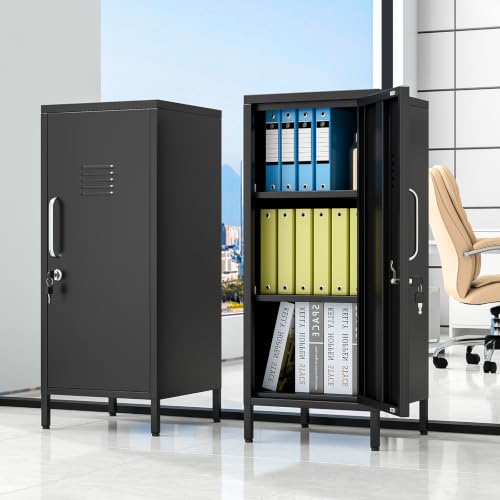 Image of pozdeg 35.43 inch Black Lockable Small Metal Storage Locker | Employees Locker with 1 Door & 2 Adjustable Shelves, Steel Cabinet for Employees, Home, School, Office & Gym