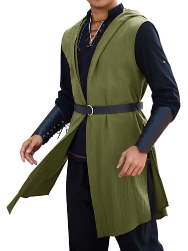 Runcati Mens Renaissance Costume Hooded Surcoat Medieval Knight Sleeveless Tunic Tops Tabard Viking Holloween Cloak Army Green