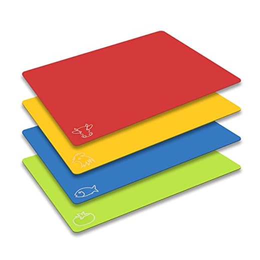 Juego de tablas de cortar de plástico flexible de colores con iconos de alimentos, tablas de cortar sin BPA, no porosas, aptas para el lavavajillas, juego de 4