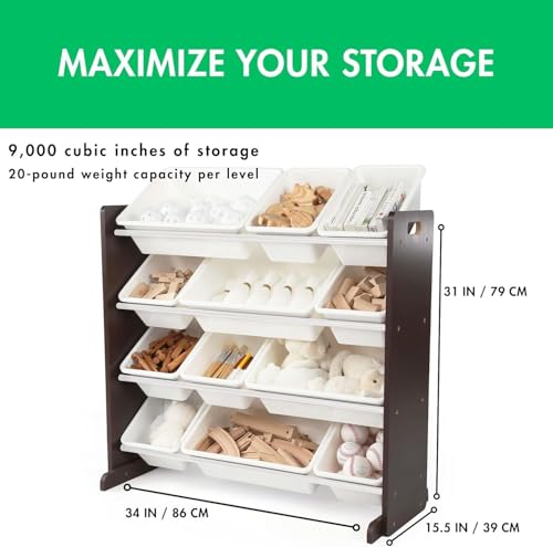 Image of Snazzy Kids Toy Storage Organizer with 12 Plastic Bins, Espresso /White - Removable Bins for Playroom, Bedroom, Toddler Furniture for Boys and Girls