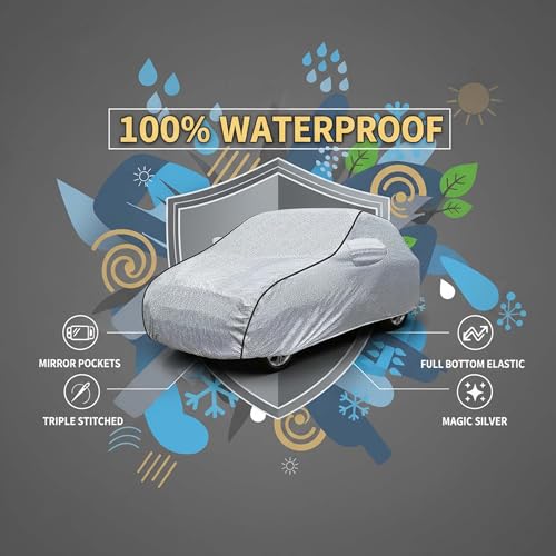 Image of Sulfar 100% Waterproof Car Body Cover Compatible with Mirror for Mahindra Bolero (Triple Stitched, Full Bottom Elastic, Magic Silver with Black Piping)
