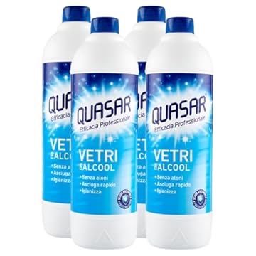 4x Quasar Detergente VETRI CON ALCOOL, Non Lascia Aloni, Asciuga Rapidamente e Igienizza. Ricarica 580ml