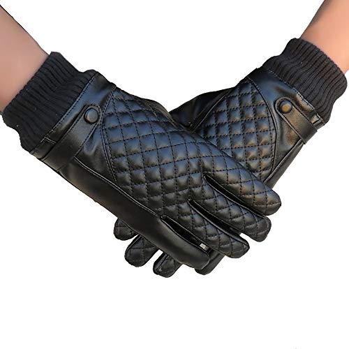 男性暖かい冬のスポーツ屋外手袋タッチスクリーンレザー寒い天候用手袋、男性用冬革手袋、PUレザー手袋、クラシックレザーカシミア手袋（ブラック）