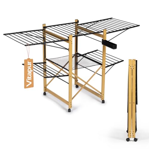 VITAPUR Séchoir à Linge en Bois AirPrestige Pro, Tour Pliable, Haut Avec Mesh Insert, 4 Ailes Latérales, Pour Balcon XXL