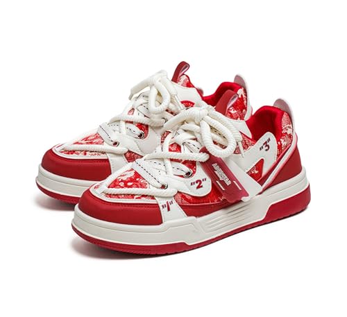 Men's Retro Color Block Fashion Sneakers Walking Casual Shoes Chunky Platform Sneakers (Red,7.5)