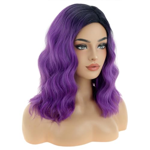 Image of BERON Black Purple 14 inch Women Girls Short Curly Wavy Wig Ombre Taro Purple Body Wave Halloween Cosplay Daily Party Wigs