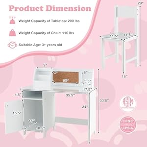 Honey joy kids desk and chair set wooden children school study table and chair wwhiteboard hutch storage shelves student writing desk computer workstation for bedroom 3 years old white  urban country home decor