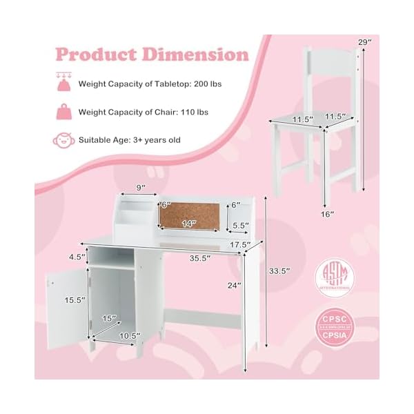 Honey joy kids desk and chair set wooden children school study table and chair wwhiteboard hutch storage shelves student writing desk computer workstation for bedroom 3 years old white  urban country home decor