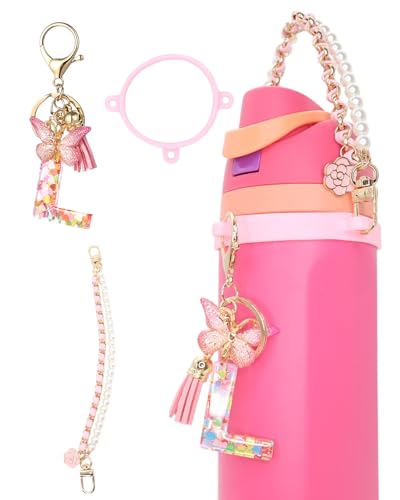 TOVICE Letter Charm Accessories for Owala Water Bottle 24-40oz, 3PC Cute Initial Charms & Water Bottle Handle Strap with a Thick Elastic Silicone Ring Holder (Pink, L)