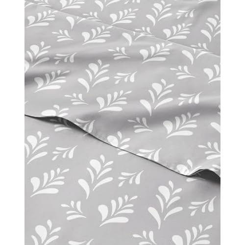 Floral Sheets - Grey & White Bed Sheet Set - 1 Flat, 1 Fitted & 1 Pillowcase w/ Deep Pockets - Comfy, Wrinkle & Fade-Free - Boho Botanical Bedding - Ultra-Soft, Breathable & Cooling - Twin X
