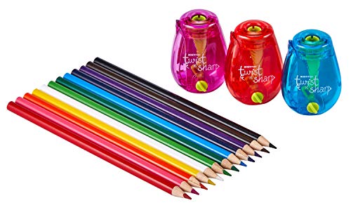 Image of Bostitch Office Pencil Sharpener, Twist-N-Sharp, 3-Pack with 12 Colored Pencils for Kids Activities or Adult Coloring