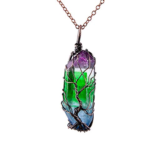 Bivei Tree of Life 7 Chakra Gemstone Copper Wire Wrap Irregular Clear Quartz Point Crystal Pendant Necklace(Bronze Titanium Coated Multi Color #2)