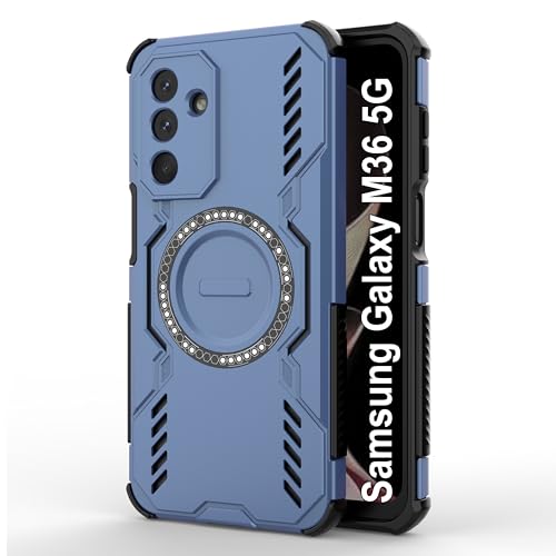 Image of amazon basics Back Case Cover for Samsung Galaxy M36 5G | Magnetic Case with Built-in Metal Ring | Supports Mag-Safe Charger, Wallet & Car Mount | Shockproof Hybrid PC + TPU | Blue