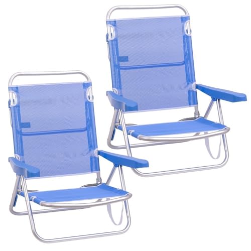LOLAhome Pack 2 Sillas Playa Plegables | Ligera Portátil | Baja y Reclinable de 4 Posiciones | para Camping, Piscina, Terraza o Jardín Azul