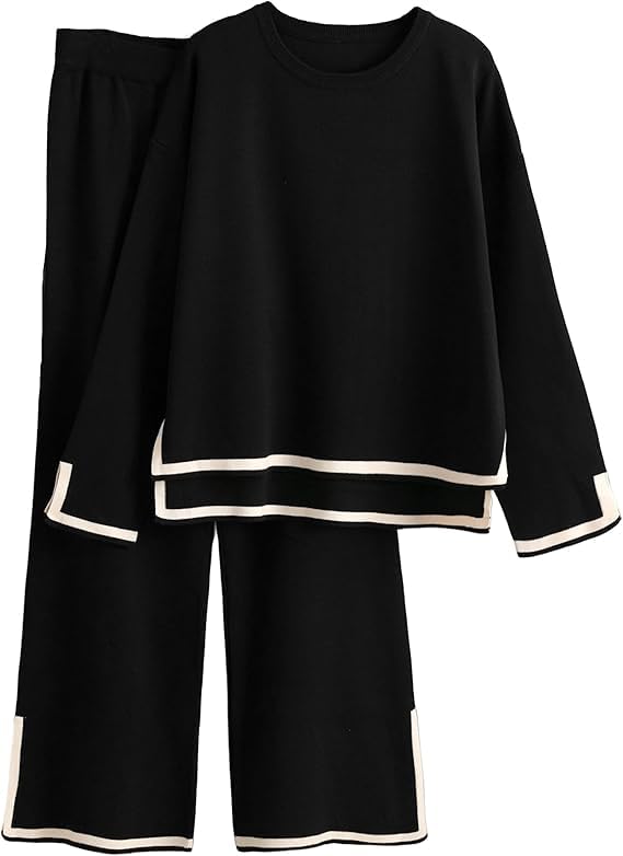 Ensemble loungewear femme pull en maille manches longues et pantalon large color block S-XL