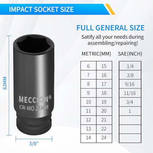 Image of Meccion 3 /8 Inch Drive Impact Socket 8mm Metric, 6 Point Cr-Mo Deep Socket, 63mm Length