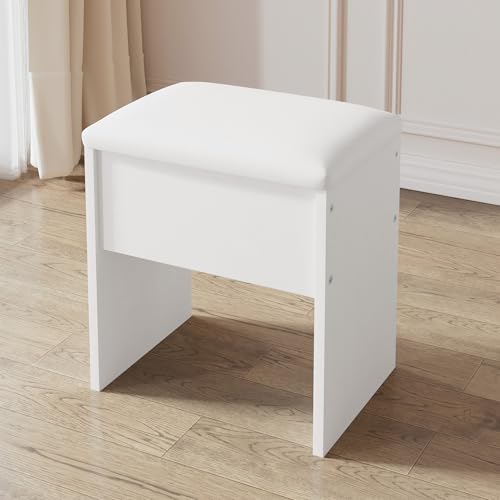Image of LIVELYGLOW Small Makeup Vanity Stool,15.7 inch W x 10.2 inch D x 16.7 inch H，White（Easy Assembly,PU Cushion Mat, Footstool）