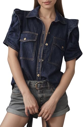 Denim Shirt for Women Short Puff Sleeve Jean Shirts Button Down Lightweight Denim Blouses Tops with Pockets
