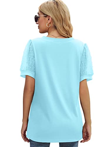 Image of Aokosor Womens Summer Tops V Neck T Shirts Swiss Dot Puff Sleeve Tops Loose Casual Tshirts
