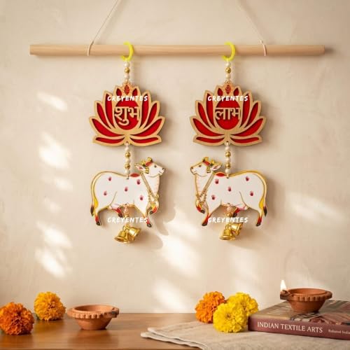 Image of Handmade Red Shubh Labh Lotus Wall Hanging with Pichwai Cow, MDF, Diwali Ganesh Chaturthi Door Decoration