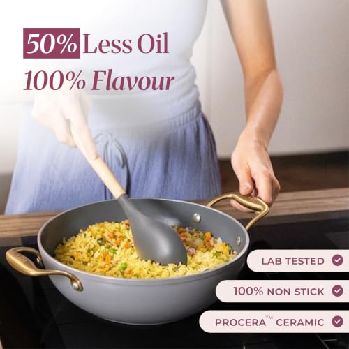 Image of Asai Ceramic Non Stick Kadai 26cm (3.5L) with Glass Lid & Spatula | Grey | Swiss Ceramic Coating | Gas & Induction Compatible | Stay-Cool Handles | Lab-Tested | 100% Toxin Free | Silicone Spatula