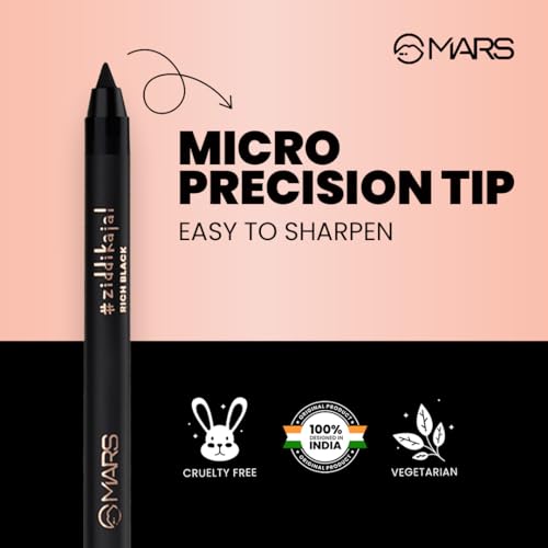 Image of MARS Ziddi Kajal Pencil upto 12 Hours Long Stay Kajal | Rich Black Pigmentation | Smudgeproof & Water Resistance | Effortless One Swipe Application (1.4gm) Black)