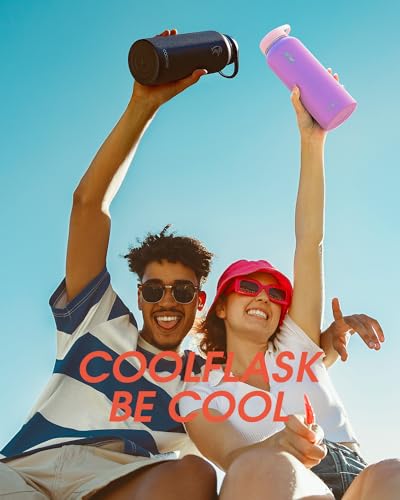 Image of Coolflask 40 oz Water Bottle Insulated with PU Leather Sleeve & 3 Lids
