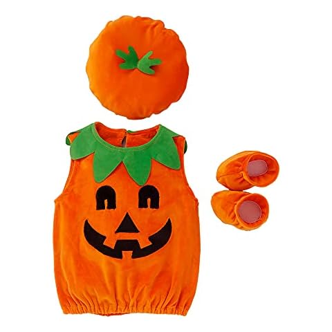 Acrawnni Newborn Baby Girls Boys Halloween Costumes Sleeveless Pumpkin Romper Bodysuit Hat Socks Halloween Outfits 0-3Y Cover