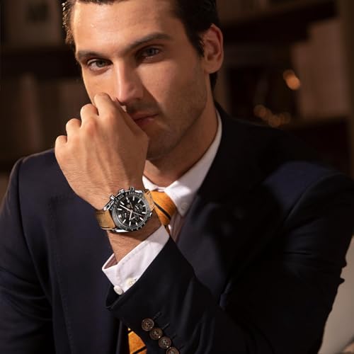BY BENYAR Mens Watches Analog Quartz Chronograph Waterproof Men's Wrist Watches Business Casual Fashion Classic Designer Elegant Dress Watch with Calendar Leather/Stainless Steel Strap Gifts for Men - Image 3