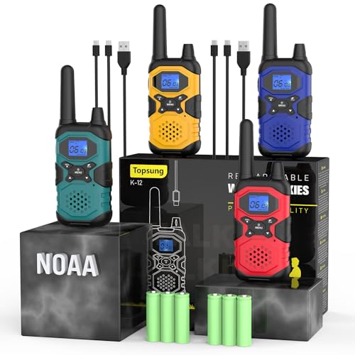 Topsung Walkie Talkies for Adults Long Range Rechargeable 4 Pack, Multi-purpose USB 2 Way Radio NOAA Walkie-Talkie with 4500mAh Battery for Family Seniors Care Garage Work Camping Hiking Skiing Cruise