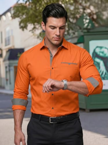 Image of Men's Cotton Blend Shirt with Solid Long Sleeves Spread Coller Neck Regular Fit Single Chest Pocket and Standard Length | Cotton Casual Shirt for Man
