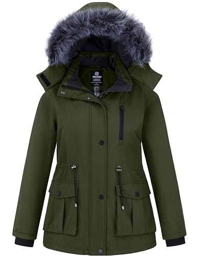 wantdo Plus Size Winter Coat for Women Puffer Jacket Waterproof Parka Army Green 3X