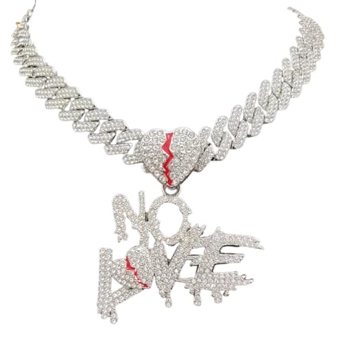 Iced Out Chain No Love Chain Cuban Link Chain Diamond Necklace Mens Necklace Chain Chains for Men (24 inch, Big Silver)