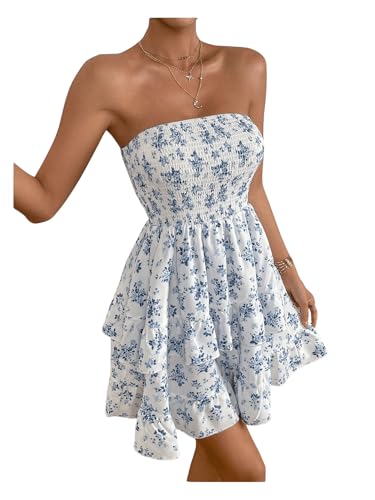 WDIRARA Women's Floral Print Ruffle Hem Tiered Layer Backless Shirred Tube A Line Dress2
