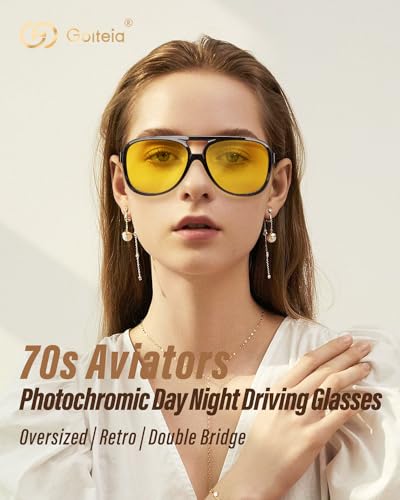 Image of Goiteia Oversized Photochromic Day and Night Driving Glasses,Headlight Yellow Glasses for Big Head,Non-breakable Lightweight TR90 Large Frame,70s Vintage Retro Style Sunglasses for Women Men