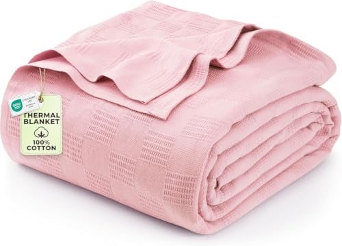 Image of Utopia Bedding 100% Cotton Thermal Blanket Pink Queen Size Soft, Lightweight, Breathable, Cozy Spring and Summer Blankets for Bed, Home Room Decor Gifts for Women and Men (90x90 Inches)